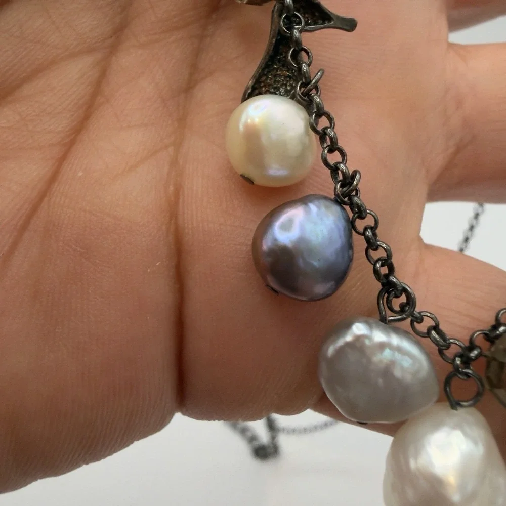 Vtg Lucas Lameth LUC Sterling Silver Charm Necklace Ocean Animals Pearls Dangle